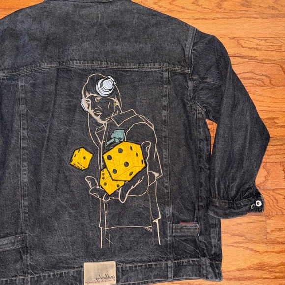 Godbody Denim Jacket 70's Street Wear Embroidered Headset Dice Money Over Sz XL - Picture 5 of 5